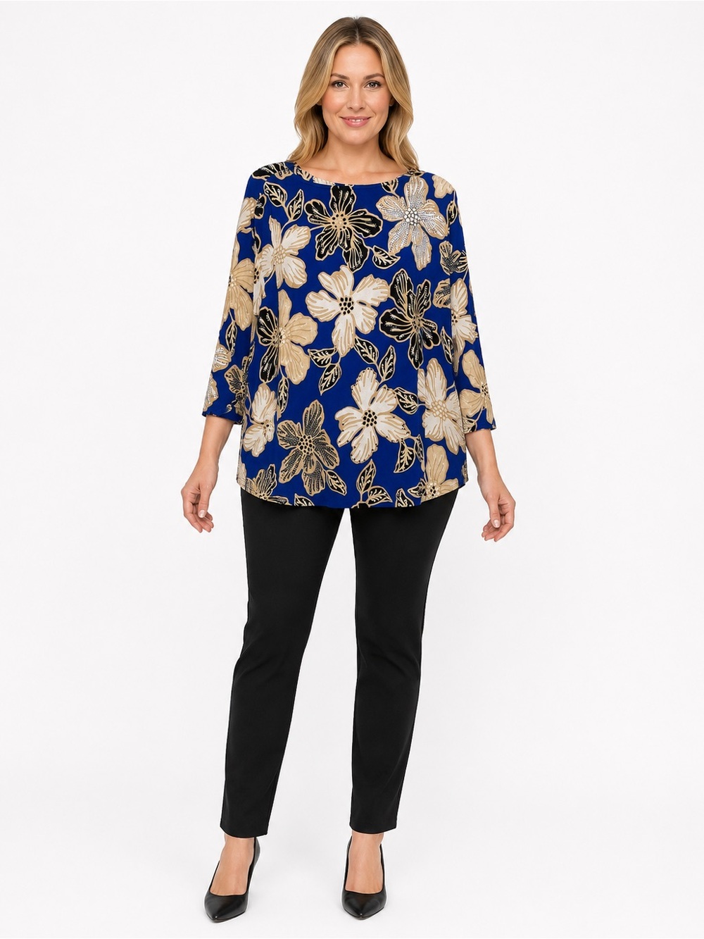 Chico's Royal Blue Floral Tunic with Cream and Black Accents